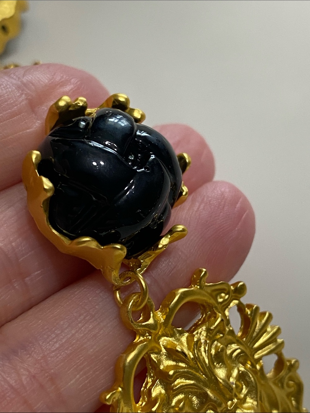 Matte Gold Filigree Lion Drop Earrings with Black Cabochon - Picture 5 of 5